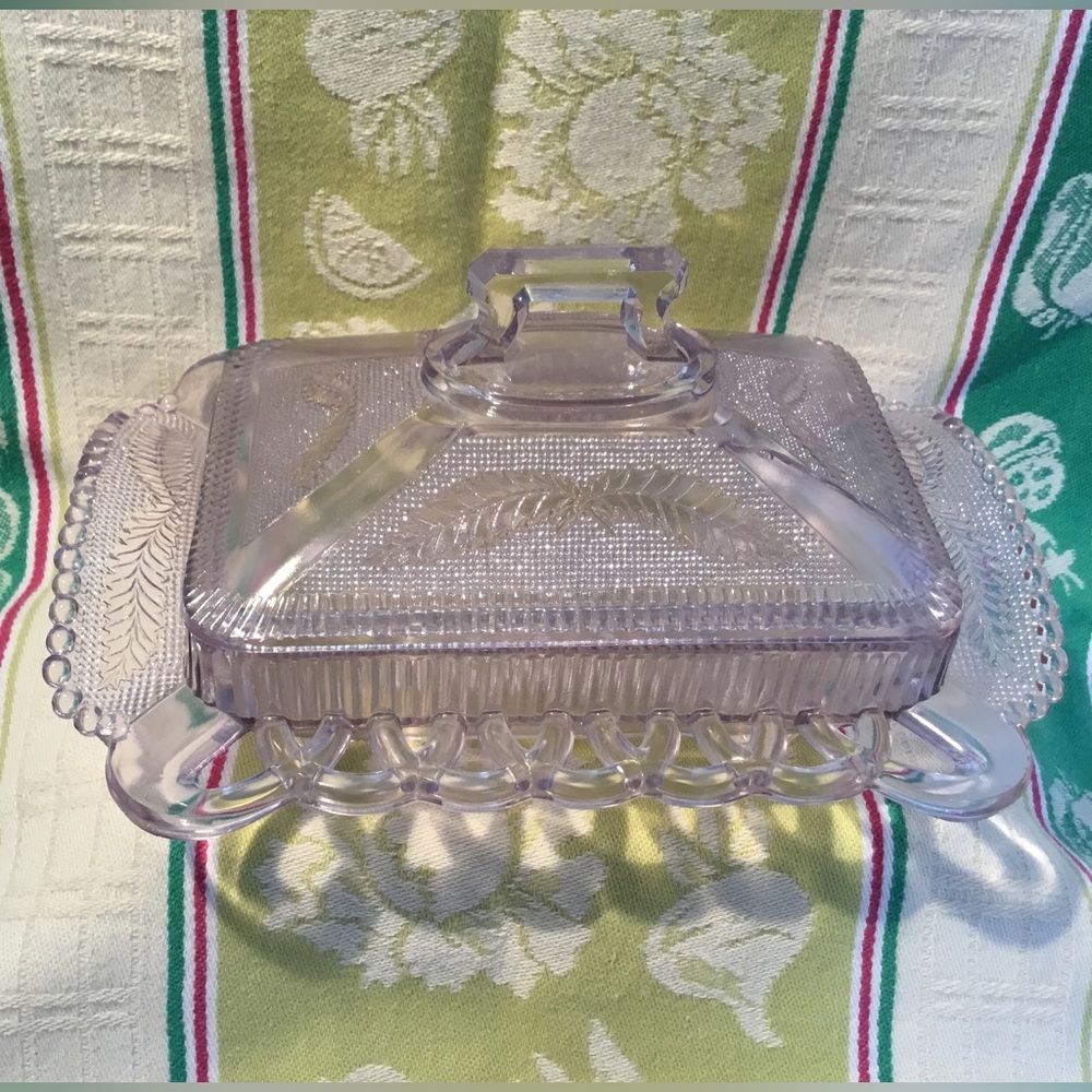 Antique 1886 Butter Dish with Lid Co-Operative Flint Co Glass- Cross Fern Leaves